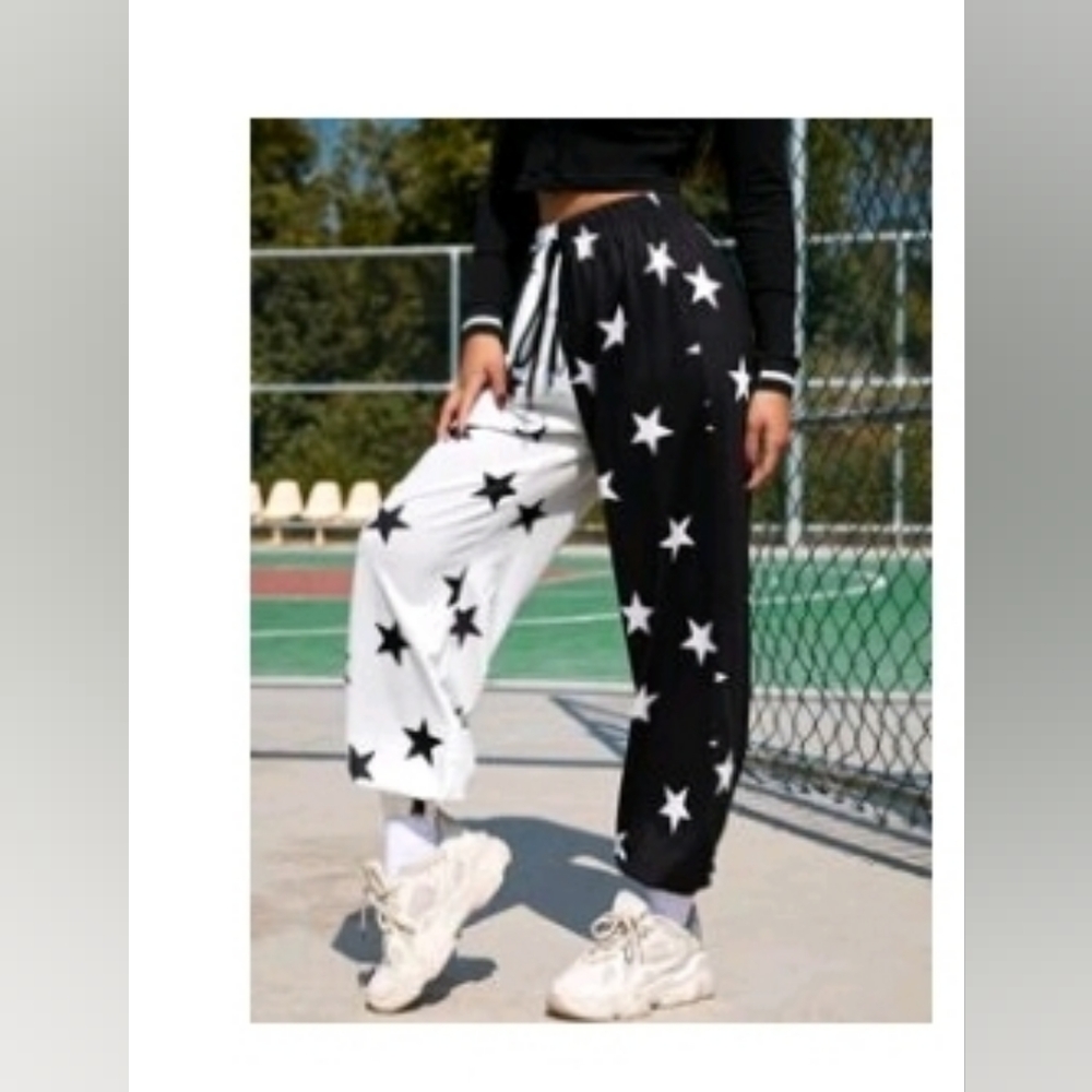New Shein Tie Waist Star Print Joggers Black and White Size XS